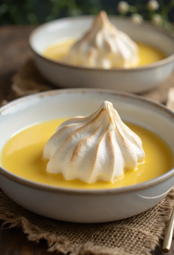 Bardaklarda servis edilen, vanilyalı krema ve yumurta beyazı köpüğü ile süslenmiş Yüzen Adalar