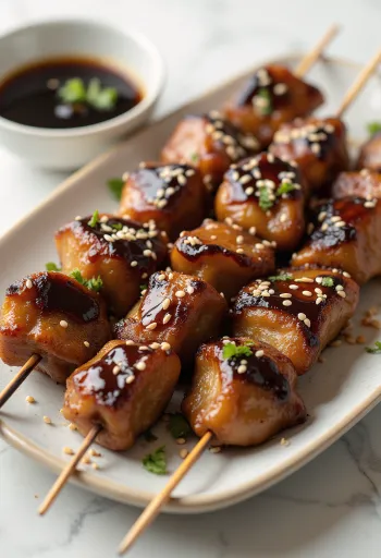 Şişlere geçirilmiş, susam ve taze soğanla servis edilen Reba yakitori tavuk ciğeri