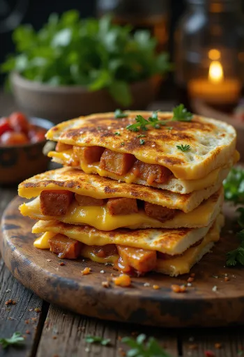 Servis edilmiş BBQ tofu ve peynirli ızgara quesadilla
