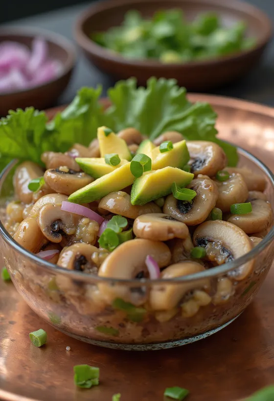 Mantar Ceviche, avokado ve kişniş ile servis edilmiş