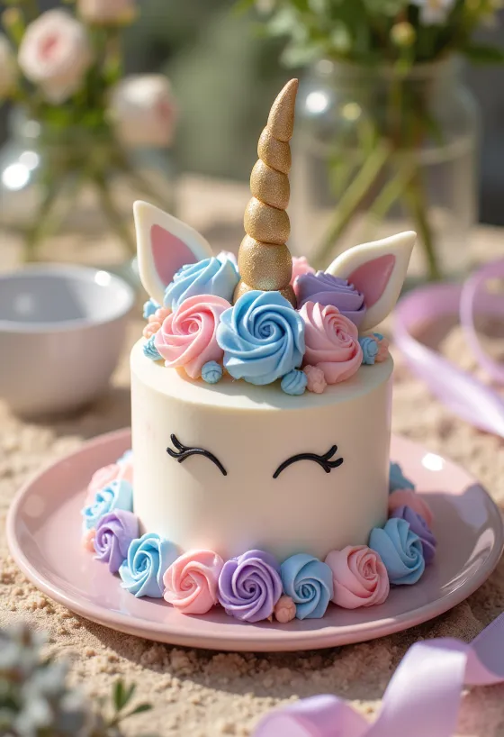 Renkli pasta katmanları ve şeker hamuru süslemeli Unicorn Pastası