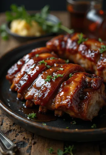 Servis edilen bourbon soslu tütsülenmiş BBQ kaburga