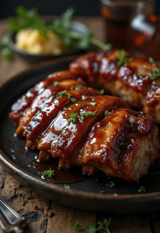 Servis edilen bourbon soslu tütsülenmiş BBQ kaburga