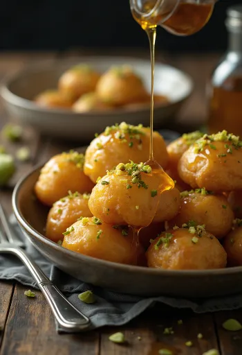 Fıstıklı ve ballı lokma, taze kızartılmış, sıcak servis edilmiş