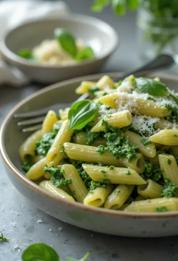Taze parmesan serpilmiş, beyaz tabakta servis edilen kremsi ıspanaklı makarna.