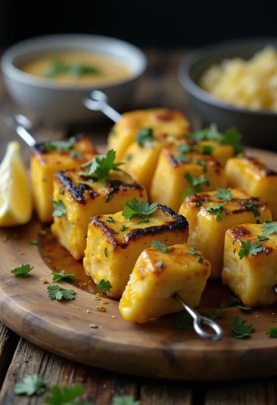 Achari paneer tikka, yoğurtlu marinadda baharatlanmış, taze kişniş ve limonla servis edilen ızgara paneer parçaları