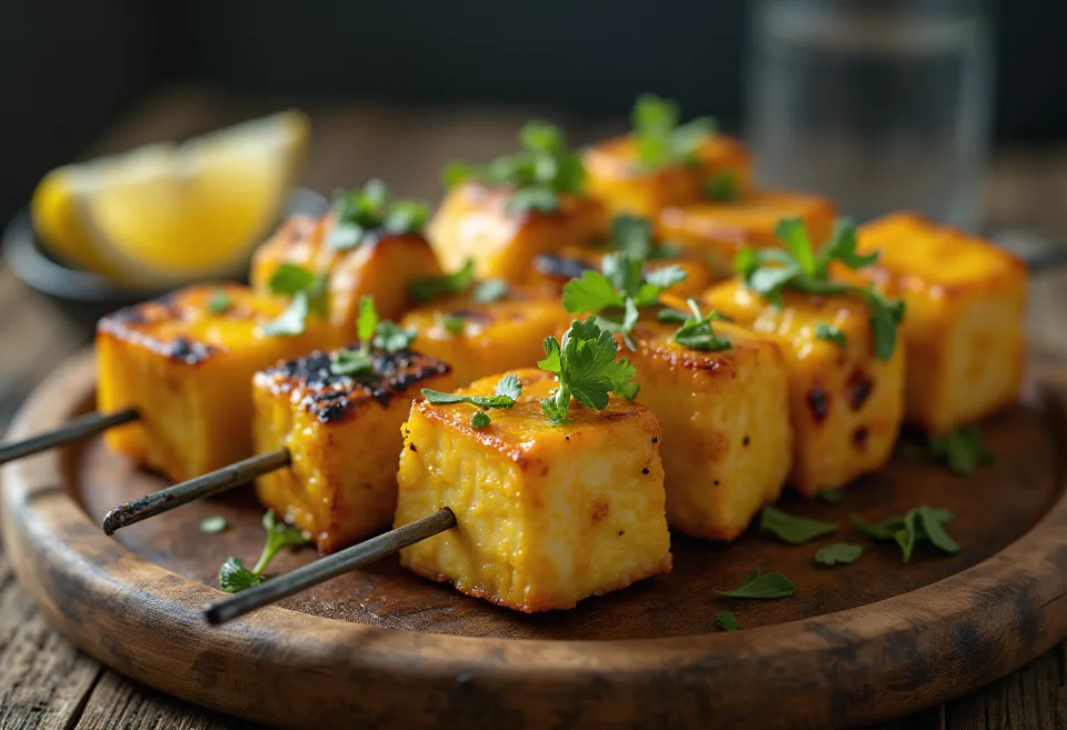 Achari paneer tikka, yoğurtlu marinadda baharatlanmış, taze kişniş ve limonla servis edilen ızgara paneer parçaları