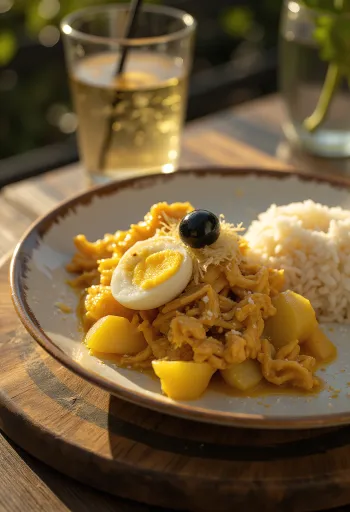 Taze yumurta ve file badem ile servis edilen Soğanlı Ají de Gallina