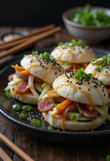 Servis edilmiş Japon usulü ton balıklı bao bun