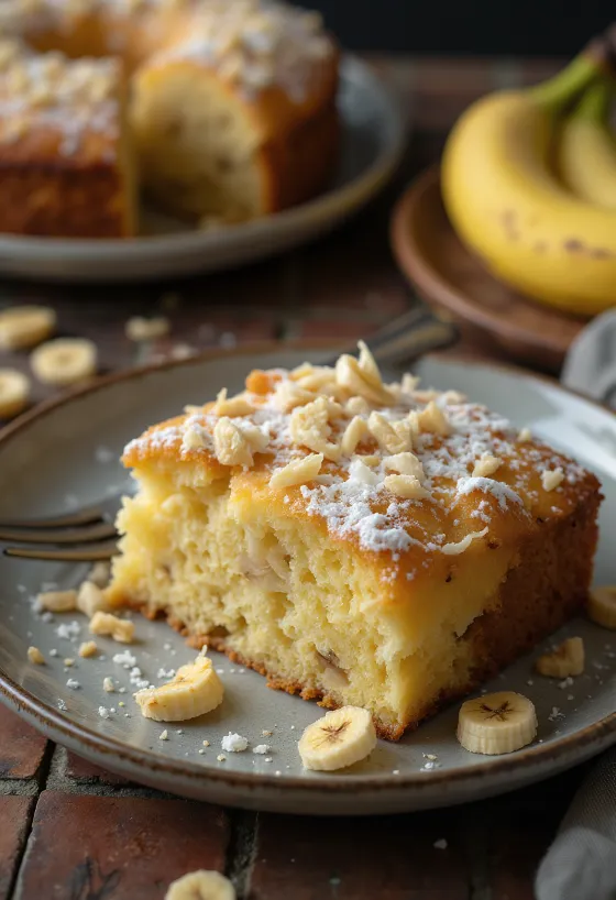 Pudra şekeri serpilmiş ve hindistan cevizi rendesiyle süslenmiş hindistan cevizli muzlu pasta