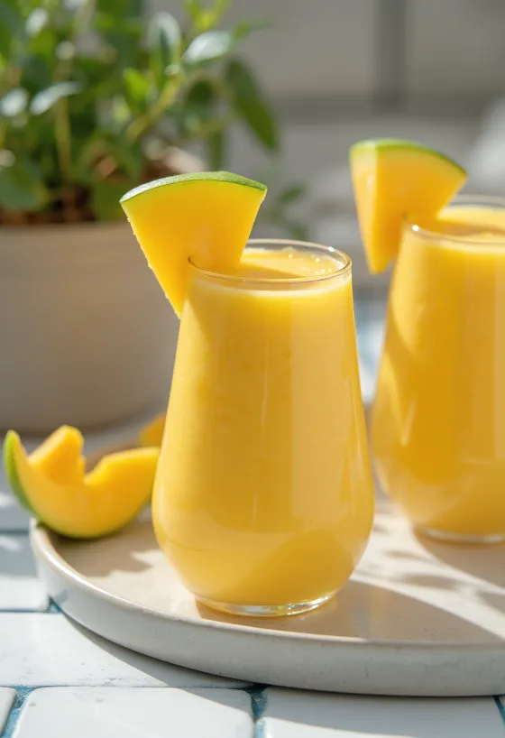 Mango dilimleri ile süslenmiş, yüksek bardakta Mangolu Smoothie