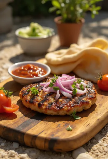 Pljeskavica, ajvar ve kızarmış patates ile servis edilen Sırp köftesi