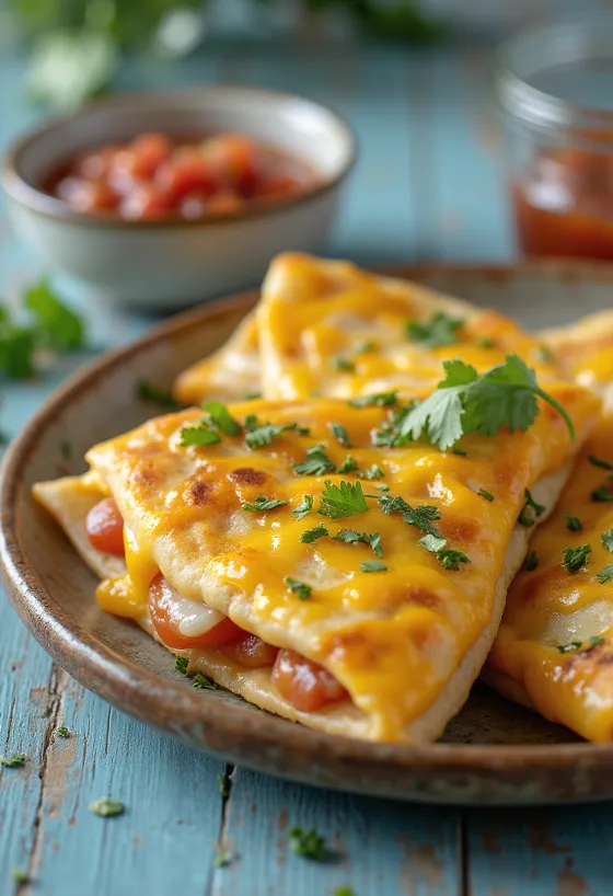 Taze kızarmış, kişniş ile süslenmiş peynirli quesadilla