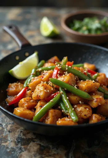 Sebzeli Seitan stir-fry, zengin soya soslu tatlar ve çıtır sebzelerle servis edilmiş