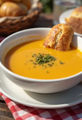 Kremalı bal kabaklı sebze çorbası servis edilirken