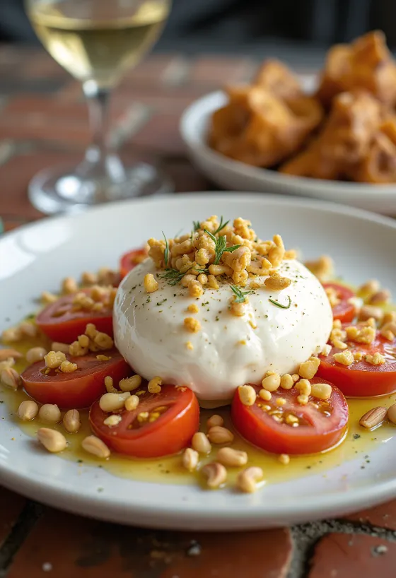 Kavrulmuş çam fıstıklı burrata, taze domates ve marul ile servis edilmiş.