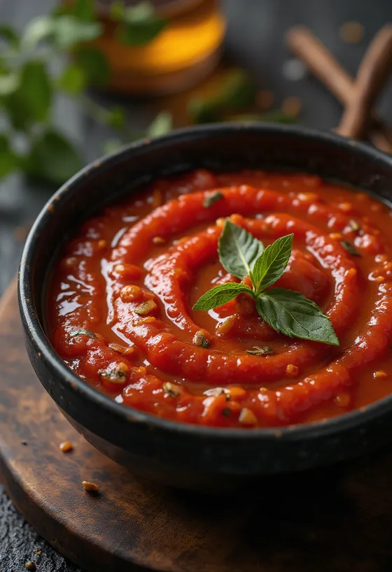Makarna ile servis edilen baharatlı domates sosu