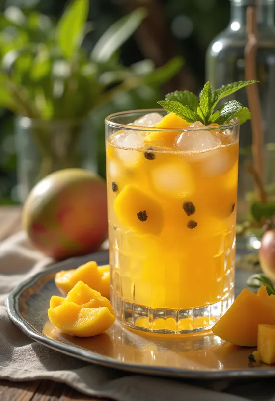 Mango ve çarkıfelek meyveli cider taze servis edilmiş