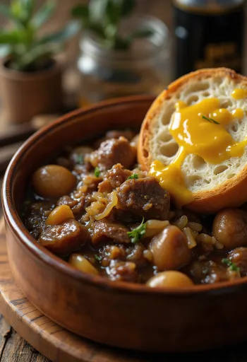 Patates püresi ile servis edilen Carbonnade Flamande