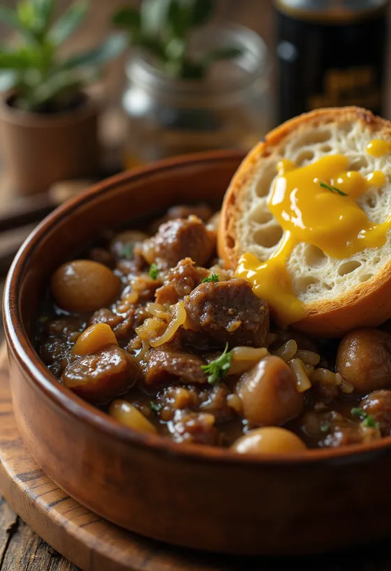 Patates püresi ile servis edilen Carbonnade Flamande