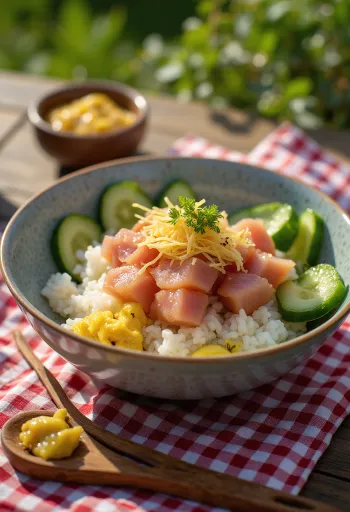 Japon hardalı ve taze sebzelerle servis edilen Chirashi kasesi