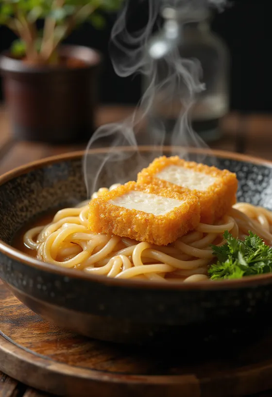 Kızarmış tofu, soya soslu sos ve taze yeşil soğanla servis edilen soğuk udon eriştesi