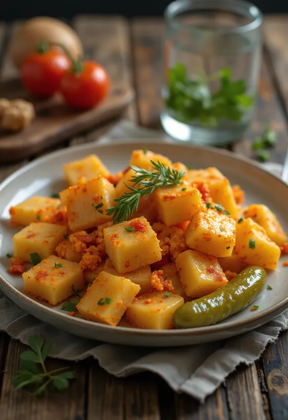 Kavrulmuş soğan ve kırmızı biberle servis edilen patatesli makarna