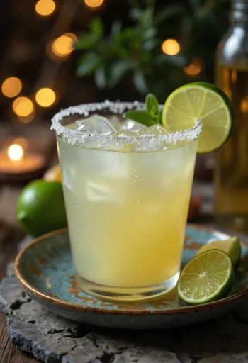 Tuzlu kenarlı ve misket limonu dilimi ile süslenmiş Margarita kokteyli