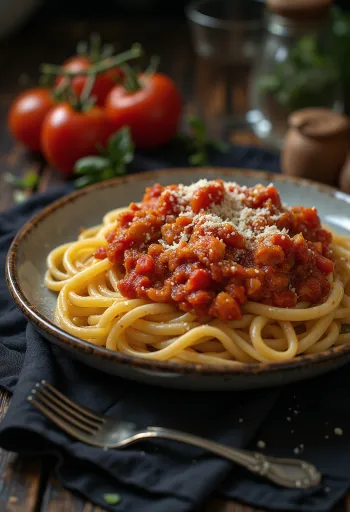Taze fesleğen ve rendelenmiş parmesan peyniri ile domatesli makarna