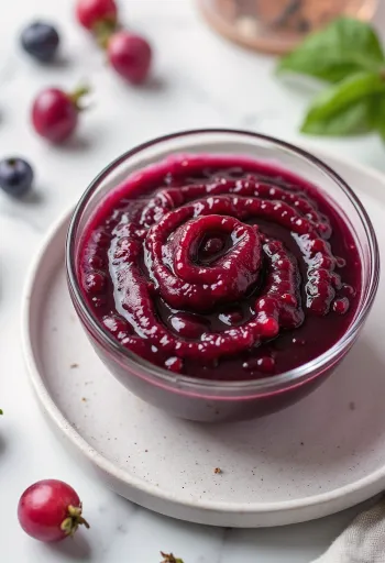 Bir kasede kırmızı şaraplı kuşburnu sosu, taze biberiye ile süslenmiş.