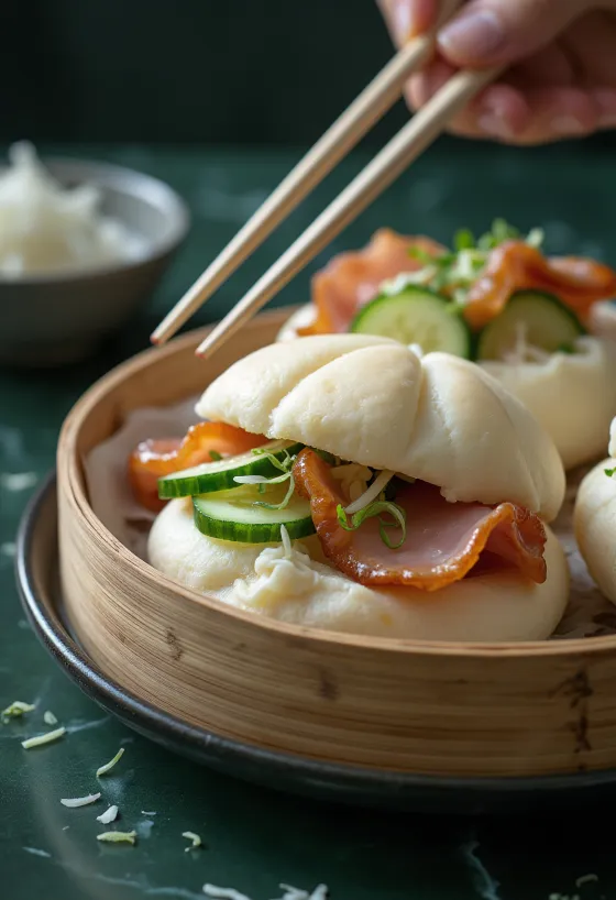 Kızarmış jambon ve salatalıkla doldurulmuş yumuşak bao, sunulmuş