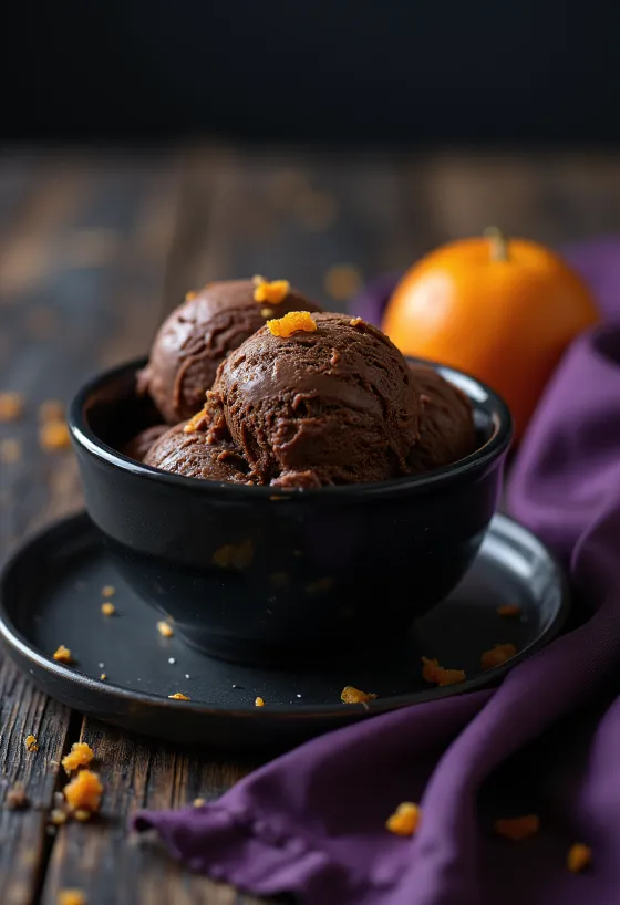 Çikolata parçaları ve portakal kabuğu ile servis edilmiş Çikolatalı Portakallı Dondurma