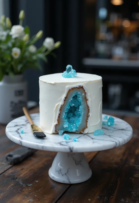 Renkli kristal şekerli Geode pastası