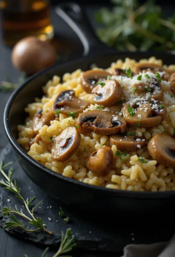 Taze maydanoz ve parmesanla servis edilen mantarlı pilav