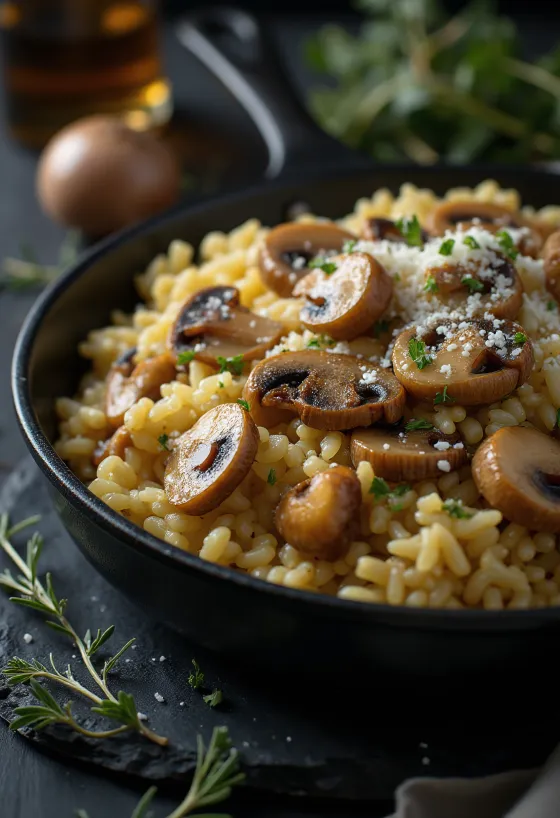 Taze maydanoz ve parmesanla servis edilen mantarlı pilav