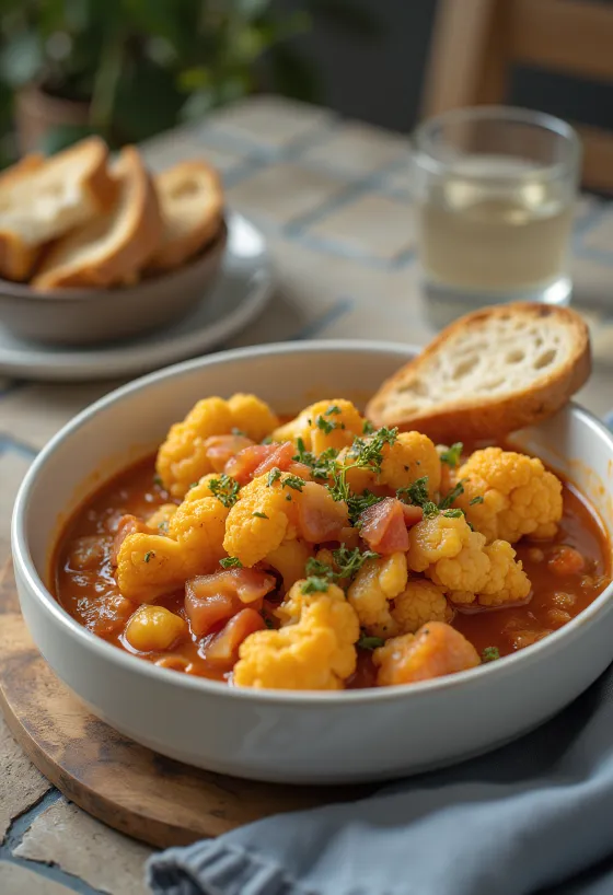 Sulu domates tabanında baharatlı karnabahar yahnisi, üzerine taze maydanoz serpilmiş.