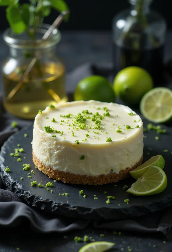 Dilimlenmiş ve servis edilmiş misket limonlu ve naneli cheesecake