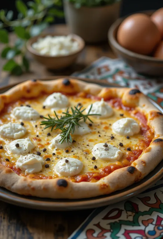 İtalyan peynirleri ve biberiye ile Pizza Bianca con Gorgonzola