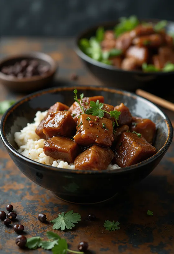 Pork adobo, buharda pişmiş pilav ile servis edilmiş
