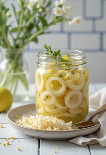 Cam kavanozda salamura edilmiş pırasa ve elma dilimleri