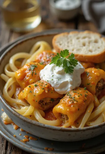 Turşu lahana yapraklarına sarılmış, baharatlı kıyma ve pirinç dolgulu, domates sosunda servis edilen lahana dolması