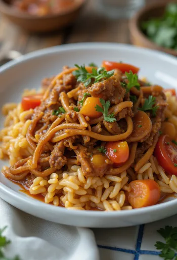 Arepa ve pirinçle servis edilen Carne Mechada