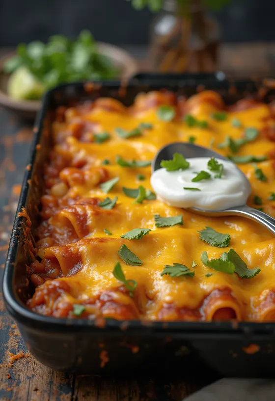 Fasulyeli Enchilada, taze kişniş ile servis edilmiş, üzerinde peynir ve enchilada sosu