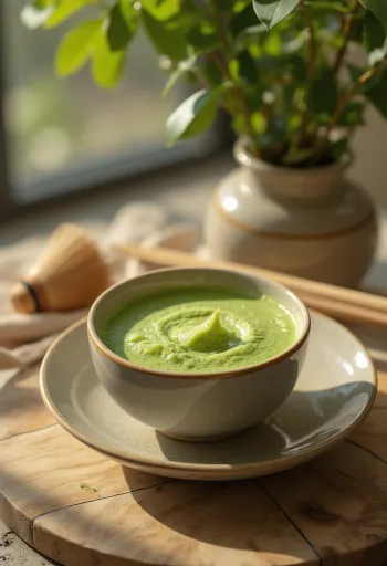 Matcha tozu ile süslenmiş bir fincan köpüklü matcha çayı