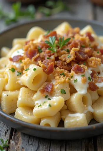 Kızarmış domuz yağı kırıntıları serpilmiş, taze dereotu ile servis edilen lor peynirli makarna