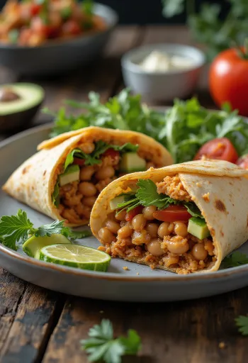 Taze sebzeler ve fasulye ezmesiyle vegan tortilla dürüm