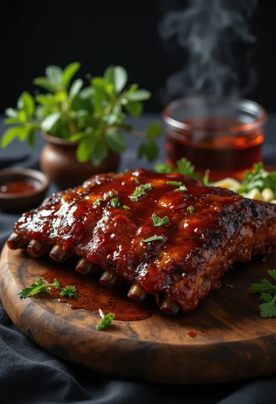 Kızarmış patates ve taze salata ile servis edilen BBQ kaburga