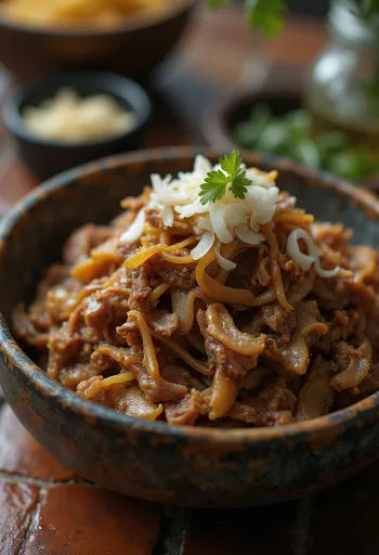 Pirinç ve taze kişniş ile servis edilen Carne Seca