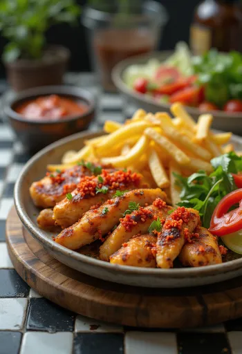 Kızarmış et, sebzeler ve çili sosu ile servis edilmiş acılı gyros tabağı