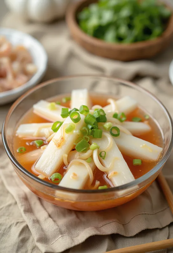 Taze sebzelerle Dongchimi, su bazlı Kore turp kimchisi